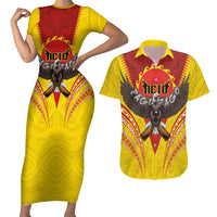 American Samoa Fautasi Race Couples Matching Short Sleeve Bodycon Dress and Hawaiian Shirt Pago Pago-Aeto Samoan Tattoo and Eagle LT03 Yellow - Polynesian Pride