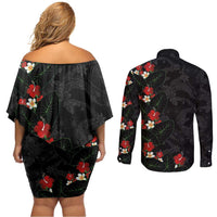 Hawaiian Taro Leaves-Hibiscus and Plumeria Couples Matching Off Shoulder Short Dress and Long Sleeve Button Shirt Floral Tribal Tattoo Motif LT03 - Polynesian Pride