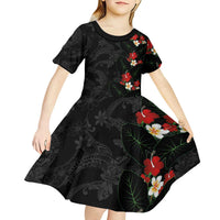 Hawaiian Taro Leaves-Hibiscus and Plumeria Kid Short Sleeve Dress Floral Tribal Tattoo Motif LT03 - Polynesian Pride