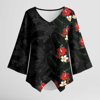 Hawaiian Taro Leaves-Hibiscus and Plumeria Kimono Sleeve Blouse Floral Tribal Tattoo Motif LT03 Female Black - Polynesian Pride