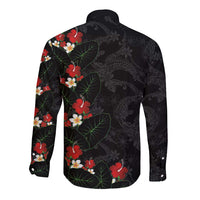 Hawaiian Taro Leaves-Hibiscus and Plumeria Long Sleeve Button Shirt Floral Tribal Tattoo Motif LT03 - Polynesian Pride
