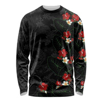 Hawaiian Taro Leaves-Hibiscus and Plumeria Long Sleeve Shirt Floral Tribal Tattoo Motif LT03 Unisex Black - Polynesian Pride