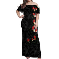 Hawaiian Taro Leaves-Hibiscus and Plumeria Off Shoulder Maxi Dress Floral Tribal Tattoo Motif LT03 Women Black - Polynesian Pride