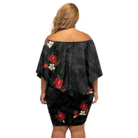 Hawaiian Taro Leaves-Hibiscus and Plumeria Off Shoulder Short Dress Floral Tribal Tattoo Motif LT03 - Polynesian Pride