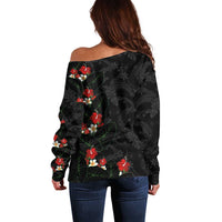 Hawaiian Taro Leaves-Hibiscus and Plumeria Off Shoulder Sweater Floral Tribal Tattoo Motif LT03 - Polynesian Pride