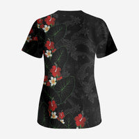 Hawaiian Taro Leaves-Hibiscus and Plumeria Scrub Top Floral Tribal Tattoo Motif