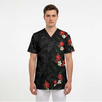Hawaiian Taro Leaves-Hibiscus and Plumeria Scrub Top Floral Tribal Tattoo Motif