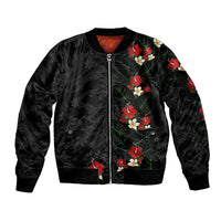 Hawaiian Taro Leaves-Hibiscus and Plumeria Sleeve Zip Bomber Jacket Floral Tribal Tattoo Motif LT03 Unisex Black - Polynesian Pride