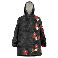 Hawaiian Taro Leaves-Hibiscus and Plumeria Wearable Blanket Hoodie Floral Tribal Tattoo Motif LT03 One Size Black - Polynesian Pride