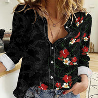 Hawaiian Taro Leaves-Hibiscus and Plumeria Women Casual Shirt Floral Tribal Tattoo Motif LT03 Female Black - Polynesian Pride