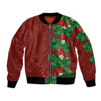 Hawaiian Taro Leaves-Hibiscus and Plumeria Bomber Jacket Polynesian Art-Kakau Tattoo Red