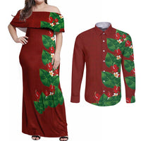 Hawaiian Taro Leaves-Hibiscus and Plumeria Couples Matching Off Shoulder Maxi Dress and Long Sleeve Button Shirt Polynesian Art-Kakau Tattoo Red LT03 Red - Polynesian Pride