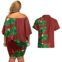 Hawaiian Taro Leaves-Hibiscus and Plumeria Couples Matching Off Shoulder Short Dress and Hawaiian Shirt Polynesian Art-Kakau Tattoo Red LT03 - Polynesian Pride
