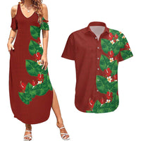 Hawaiian Taro Leaves-Hibiscus and Plumeria Couples Matching Summer Maxi Dress and Hawaiian Shirt Polynesian Art-Kakau Tattoo Red LT03 Red - Polynesian Pride