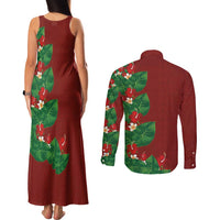 Hawaiian Taro Leaves-Hibiscus and Plumeria Couples Matching Tank Maxi Dress and Long Sleeve Button Shirt Polynesian Art-Kakau Tattoo Red LT03 - Polynesian Pride