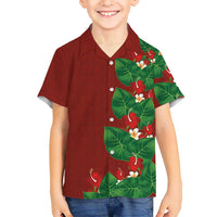 Hawaiian Taro Leaves-Hibiscus and Plumeria Family Matching Off Shoulder Short Dress and Hawaiian Shirt Polynesian Art-Kakau Tattoo Red LT03 Son's Shirt Red - Polynesian Pride