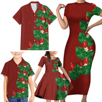 Hawaiian Taro Leaves-Hibiscus and Plumeria Family Matching Short Sleeve Bodycon Dress and Hawaiian Shirt Polynesian Art-Kakau Tattoo Red LT03 - Polynesian Pride