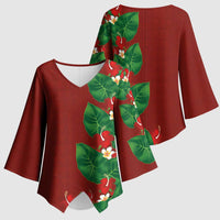 Hawaiian Taro Leaves-Hibiscus and Plumeria Kimono Sleeve Blouse Polynesian Art-Kakau Tattoo Red