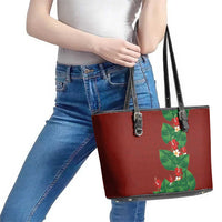 Hawaiian Taro Leaves-Hibiscus and Plumeria Leather Tote Bag Polynesian Art-Kakau Tattoo Red
