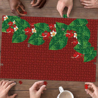 Hawaiian Taro Leaves-Hibiscus and Plumeria Puzzle Polynesian Art-Kakau Tattoo Red
