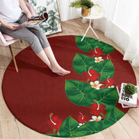 Hawaiian Taro Leaves-Hibiscus and Plumeria Round Carpet Polynesian Art-Kakau Tattoo Red