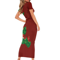 Hawaiian Taro Leaves-Hibiscus and Plumeria Short Sleeve Bodycon Dress Polynesian Art-Kakau Tattoo Red LT03 - Polynesian Pride