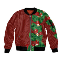 Hawaiian Taro Leaves-Hibiscus and Plumeria Sleeve Zip Bomber Jacket Polynesian Art-Kakau Tattoo Red