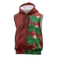 Hawaiian Taro Leaves-Hibiscus and Plumeria Sleeveless Zip Hoodie Polynesian Art-Kakau Tattoo Red LT03 Red - Polynesian Pride