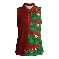 Hawaiian Taro Leaves-Hibiscus and Plumeria Women Sleeveless Polo Shirt Polynesian Art-Kakau Tattoo Red LT03 Female Red - Polynesian Pride