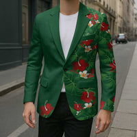 Hawaiian Taro Leaves-Hibiscus and Plumeria Blazer Polynesian Art-Kakau Tattoo Green