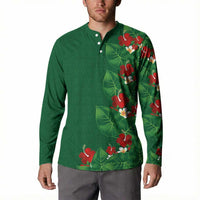 Hawaiian Taro Leaves-Hibiscus and Plumeria Button Sweatshirt Polynesian Art-Kakau Tattoo Green