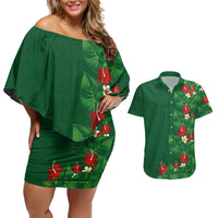 Hawaiian Taro Leaves-Hibiscus and Plumeria Couples Matching Off Shoulder Short Dress and Hawaiian Shirt Polynesian Art-Kakau Tattoo Green LT03 Green - Polynesian Pride