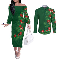 Hawaiian Taro Leaves-Hibiscus and Plumeria Couples Matching Off The Shoulder Long Sleeve Dress and Long Sleeve Button Shirt Polynesian Art-Kakau Tattoo Green LT03 Green - Polynesian Pride