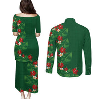 Hawaiian Taro Leaves-Hibiscus and Plumeria Couples Matching Puletasi and Long Sleeve Button Shirt Polynesian Art-Kakau Tattoo Green LT03 - Polynesian Pride