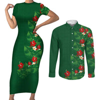 Hawaiian Taro Leaves-Hibiscus and Plumeria Couples Matching Short Sleeve Bodycon Dress and Long Sleeve Button Shirt Polynesian Art-Kakau Tattoo Green LT03 Green - Polynesian Pride