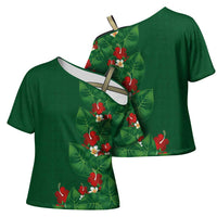 Hawaiian Taro Leaves-Hibiscus and Plumeria Cross Shoulder Shirt Polynesian Art-Kakau Tattoo Green LT03 - Polynesian Pride