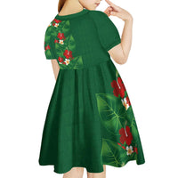 Hawaiian Taro Leaves-Hibiscus and Plumeria Kid Short Sleeve Dress Polynesian Art-Kakau Tattoo Green LT03 - Polynesian Pride