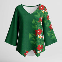 Hawaiian Taro Leaves-Hibiscus and Plumeria Kimono Sleeve Blouse Polynesian Art-Kakau Tattoo Green LT03 Female Green - Polynesian Pride