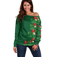 Hawaiian Taro Leaves-Hibiscus and Plumeria Off Shoulder Sweater Polynesian Art-Kakau Tattoo Green