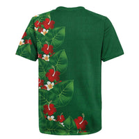 Hawaiian Taro Leaves-Hibiscus and Plumeria Rugby Jersey Polynesian Art-Kakau Tattoo Green