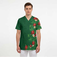Hawaiian Taro Leaves-Hibiscus and Plumeria Scrub Top Polynesian Art-Kakau Tattoo Green