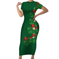 Hawaiian Taro Leaves-Hibiscus and Plumeria Short Sleeve Bodycon Dress Polynesian Art-Kakau Tattoo Green LT03 Long Dress Green - Polynesian Pride