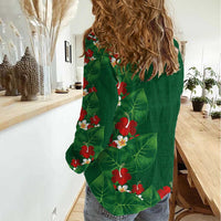 Hawaiian Taro Leaves-Hibiscus and Plumeria Women Casual Shirt Polynesian Art-Kakau Tattoo Green LT03 - Polynesian Pride