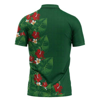 Hawaiian Taro Leaves-Hibiscus and Plumeria Zipper Polo Shirt Polynesian Art-Kakau Tattoo Green LT03 - Polynesian Pride