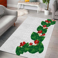 Hawaiian Taro Leaves-Hibiscus and Plumeria Area Rug Polynesian Art-Kakau Tattoo White
