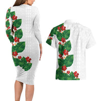 Hawaiian Taro Leaves-Hibiscus and Plumeria Couples Matching Long Sleeve Bodycon Dress and Hawaiian Shirt Polynesian Art-Kakau Tattoo White LT03 - Polynesian Pride