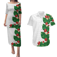 Hawaiian Taro Leaves-Hibiscus and Plumeria Couples Matching Puletasi and Hawaiian Shirt Polynesian Art-Kakau Tattoo White LT03 White - Polynesian Pride