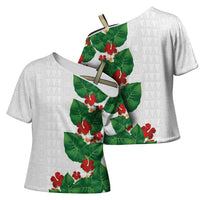 Hawaiian Taro Leaves-Hibiscus and Plumeria Cross Shoulder Shirt Polynesian Art-Kakau Tattoo White