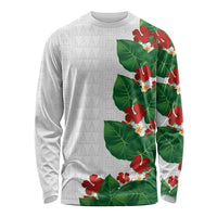 Hawaiian Taro Leaves-Hibiscus and Plumeria Long Sleeve Shirt Polynesian Art-Kakau Tattoo White