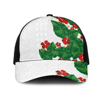 Hawaiian Taro Leaves-Hibiscus and Plumeria Mesh Trucker Cap Polynesian Art-Kakau Tattoo White